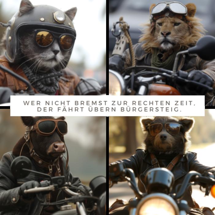 Motorradbilder lustig witzig mit Tieren wie Katze Löwe Kuh Wiesel, alle fahren Motorrad