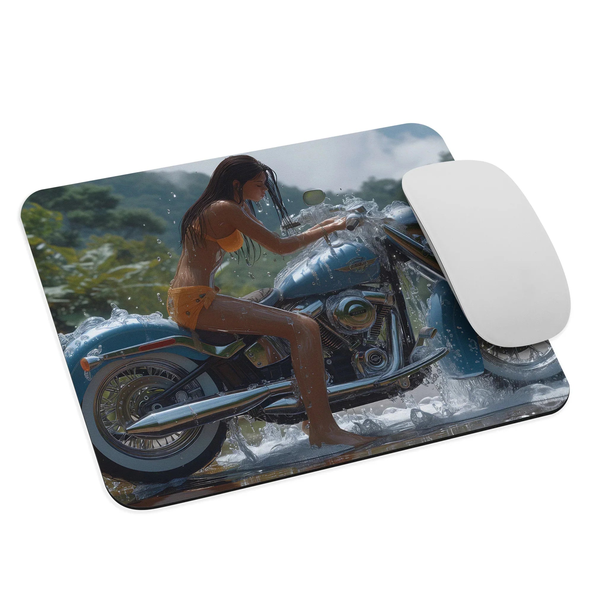 Mousepad für Motorradfahrer mit Motorradfahrerin auf blauem Motorrad