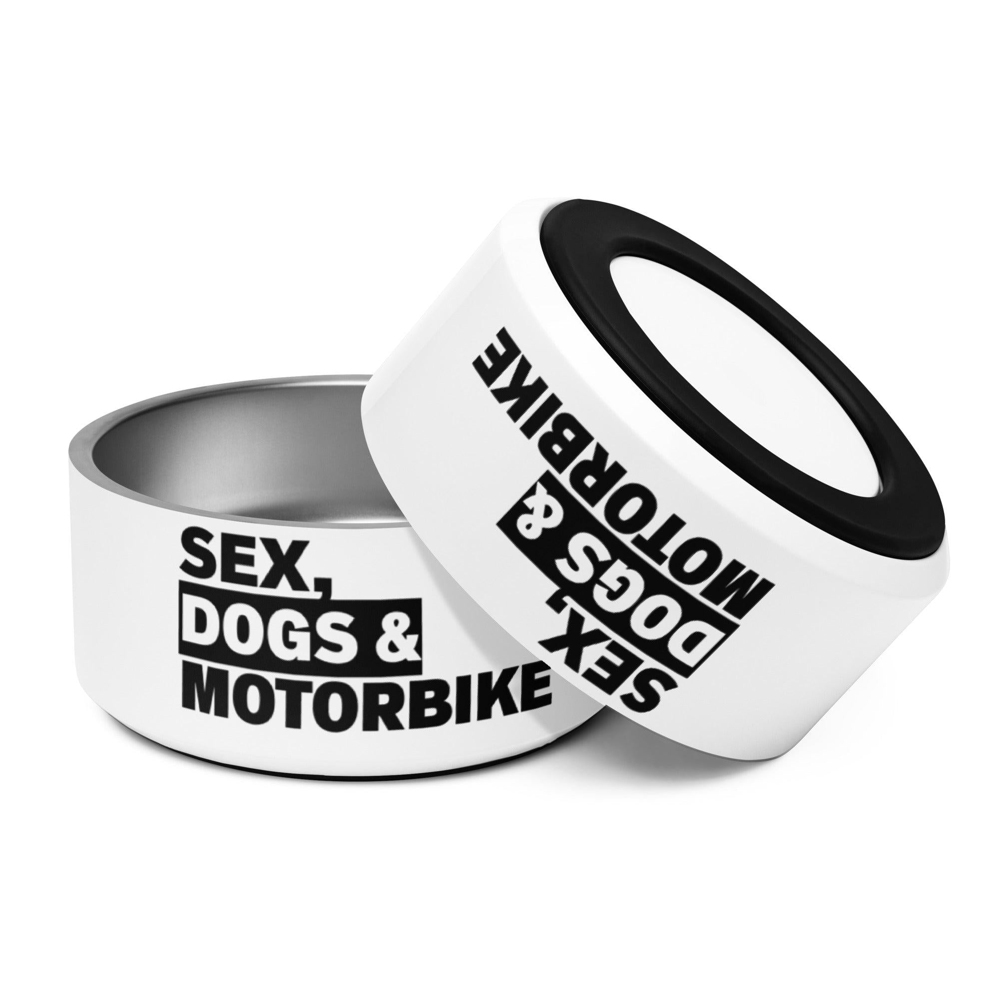 Fressnapf weiß schwarz für Hunde mit Motorradspruch Sex Dogs and Motorbike