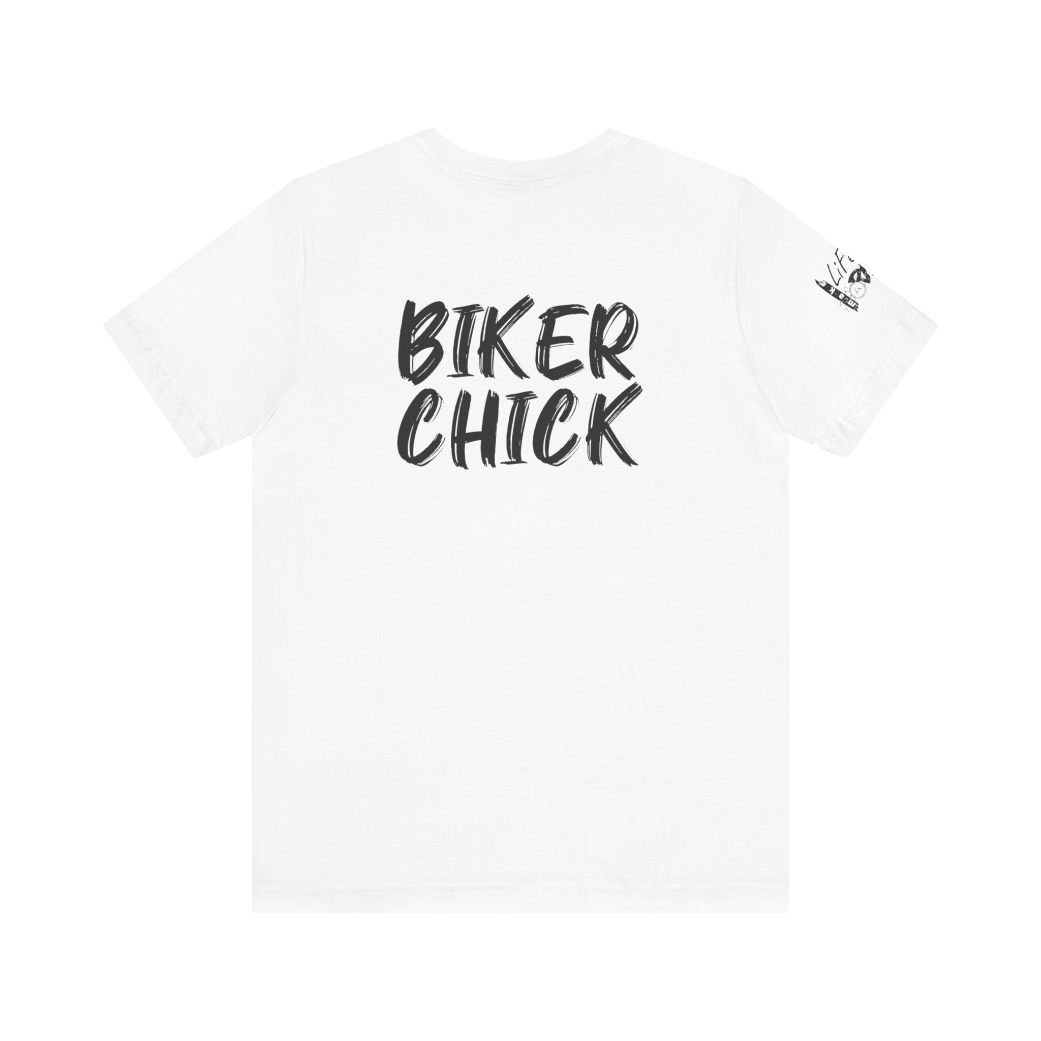 Motorrad-Art, T-Shirt mit Motorrad und Motorradfahrer auf Shirt Vorderseite, weiß, schwarz, blau, Bikerslogan und Bikermotive auf der Shirtrückseite, lustiger Motorradspruch