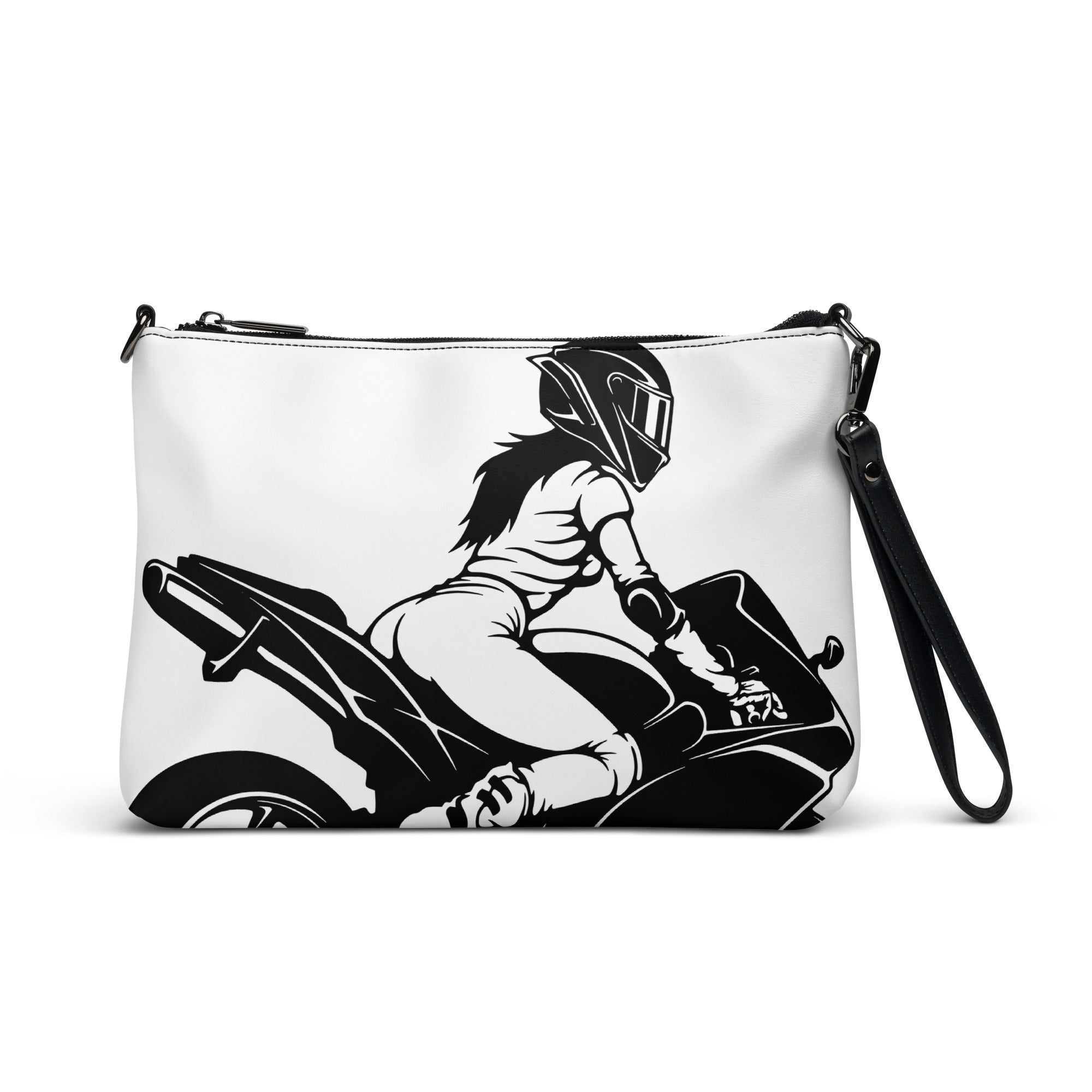 Motorrad-Art, Umhängetasche für Mädchen und Frauen mit Motorrad und Motorradfahrer als Motiv, weiße Tasche mit Innenfächern, Motiv mit witzigem Bikerslogan